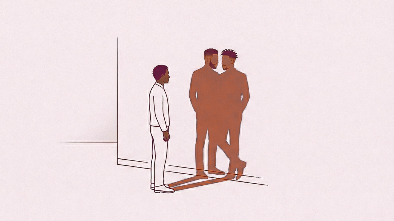 A minimalist editorial illustration in warm beige, purple, and orange shows a solitary Black man looking towards an architectural corner where his shadow takes the shape of two distinct men standing together, with another orange shadow cast on the floor.