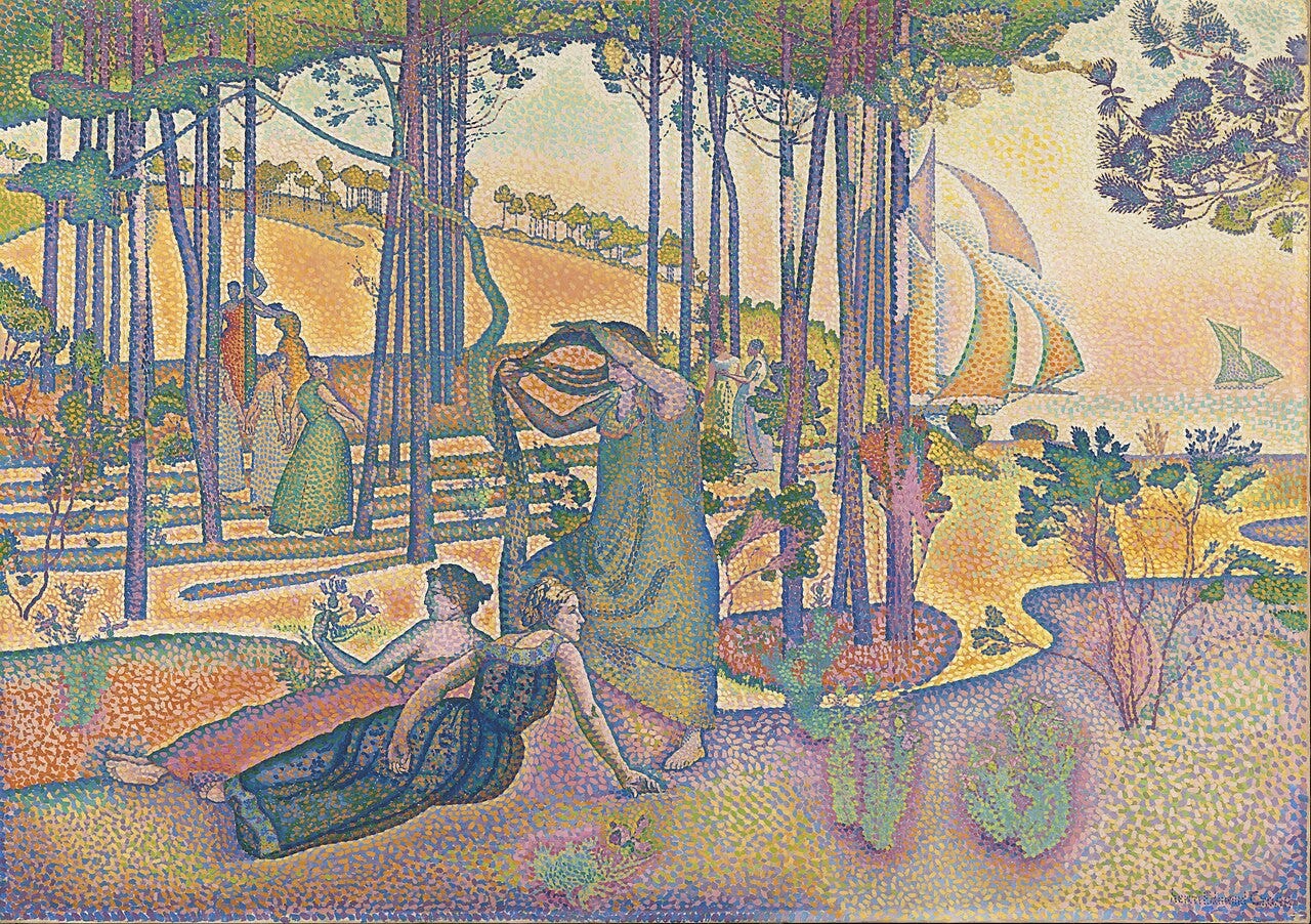 Naked women under pines beside a golden Mediterranean bay Naked women under pines beside a golden Mediterranean bay