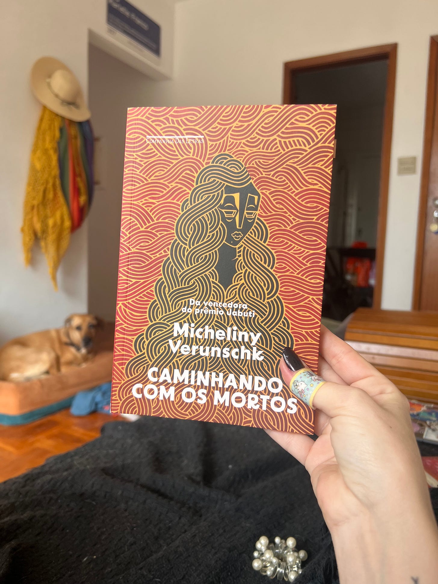 Foto do livro Caminhando com os mortos, com Batista, o cão, desfocado ao fundo