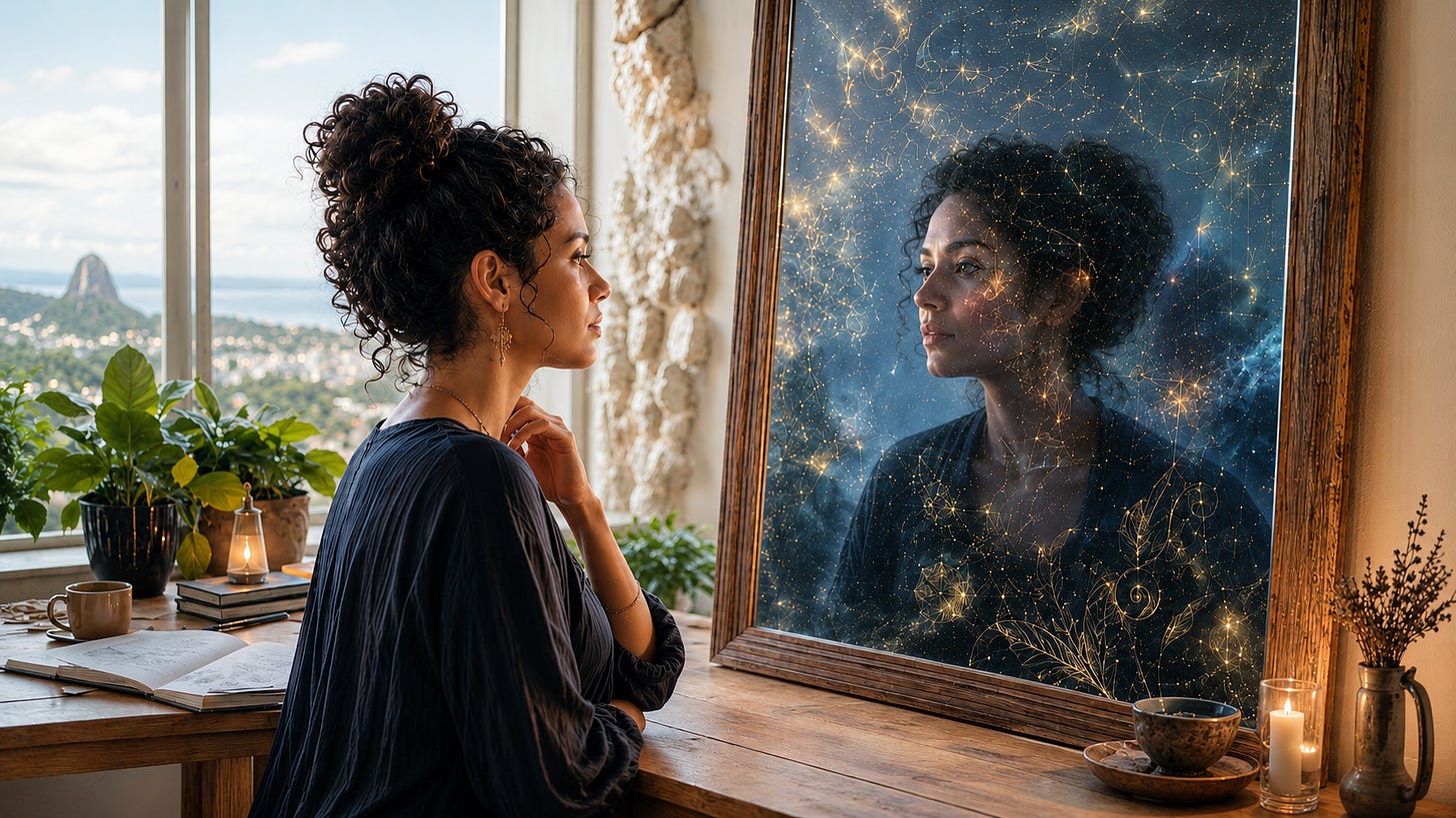 A woman gazes into a mirror at twilight, where her reflection blends with luminous code-like patterns and cosmic light, symbolizing AI as a mirror of human consciousness. A woman gazes into a mirror at twilight, where her reflection blends with luminous code-like patterns and cosmic light, symbolizing AI as a mirror of human consciousness.