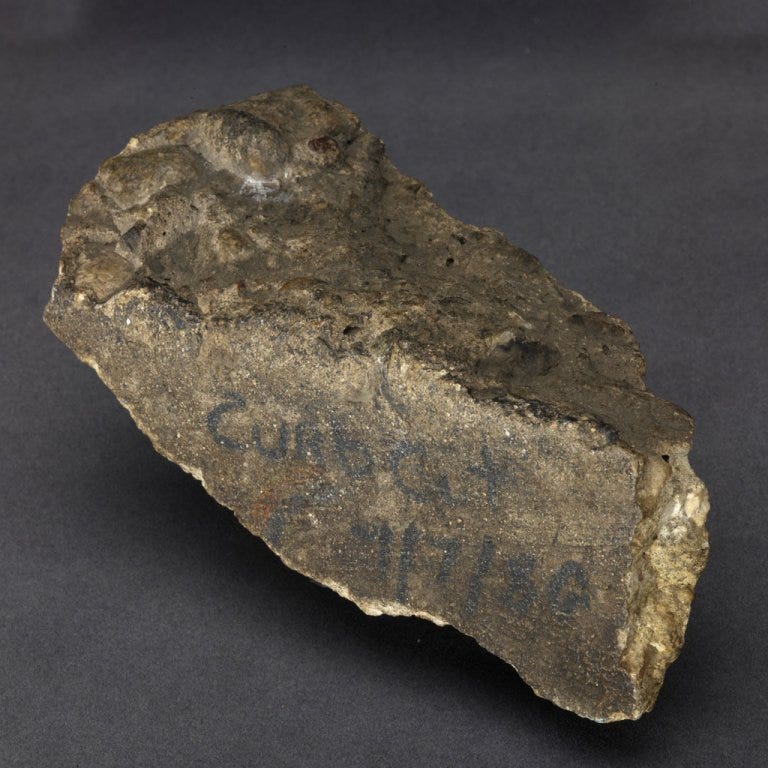 This is a concrete chunk of street corner from a do-it-yourself curb cut. A group of activists took hammers to the corner because the city had discontinued its curb-reduction program and people trying to get up impassable curbs frequently had been hit by cars. The activists were from the Atlantis Community, an independent living center, and the protest launched the disability rights group ADAPT.