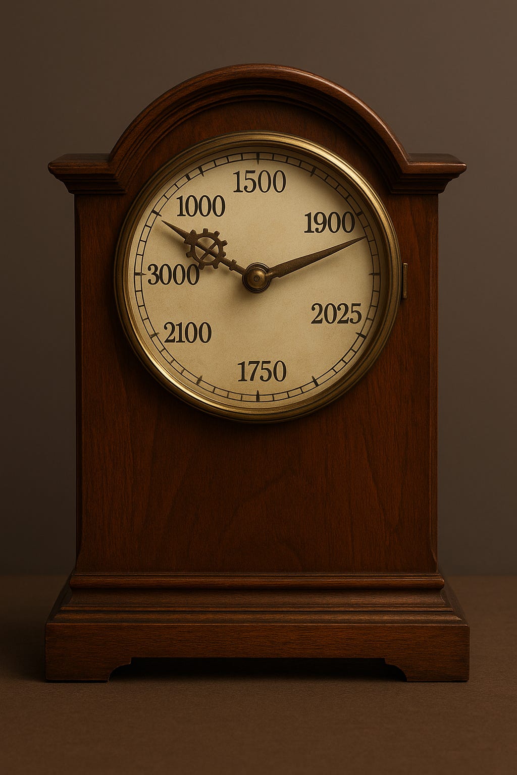 An antique wooden mantel clock with a round brass-rimmed face. Instead of hours, the dial is marked with years — 200 CE, 1000, 1500, 1750, 1900, 2025, 2100, and 3000. One hand is a simple brass pointer, the other shaped like a gear, symbolizing generations of craftsmanship. The clock glows softly against a plain background, evoking both intimacy and timelessness.