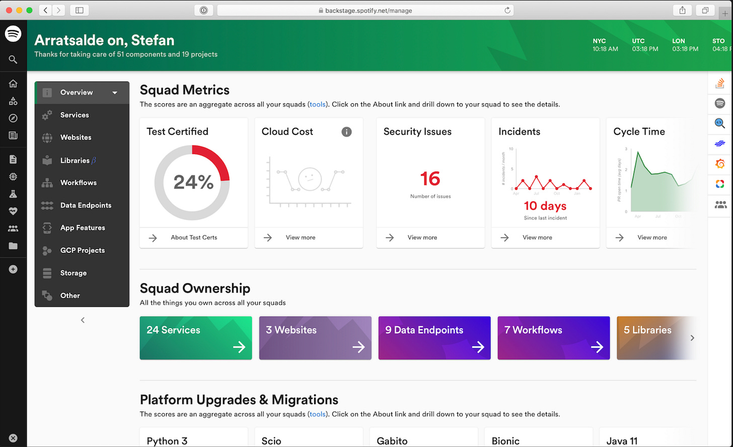 Spotify’s version of Backstage in 2020. Note that squad metrics are not yet included with the OSS version of Backstage as of the time of publication. Image source: Spotify. Spotify’s version of Backstage in 2020. Note that squad metrics are not yet included with the OSS version of Backstage as of the time of publication. Image source: Spotify.