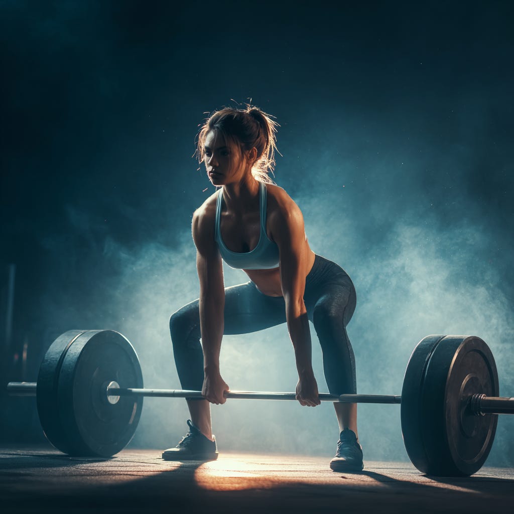 Strong, athletic woman performing a heavy sumo deadlift wearing a light blue top in a dark gym. Strong, athletic woman performing a heavy sumo deadlift wearing a light blue top in a dark gym.