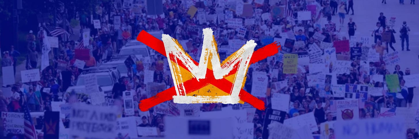 Stylized crown symbol with a red X overlay, representing the "No Kings" movement, over a large crowd of protesters holding signs. The image highlights public resistance and grassroots mobilization associated with the 50501 Movement and October 18 No Kings Day protests. Stylized crown symbol with a red X overlay, representing the "No Kings" movement, over a large crowd of protesters holding signs. The image highlights public resistance and grassroots mobilization associated with the 50501 Movement and October 18 No Kings Day protests.