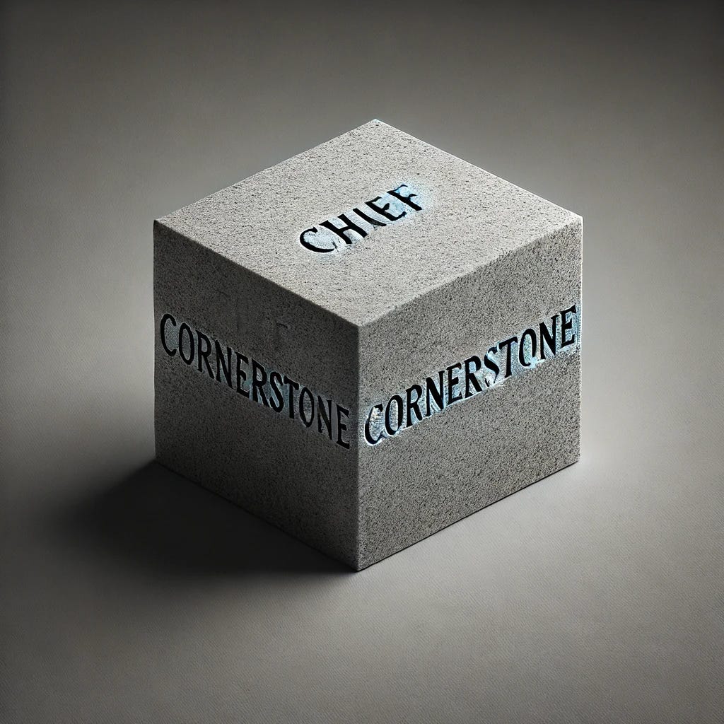 A close-up image of a simple, smooth gray granite cornerstone with the words 'Chief Cornerstone' engraved on it in clear, elegant font. The cornerstone is set against a plain background to emphasize the engraving. The lighting highlights the texture of the granite and the precision of the engraving, providing a focused and detailed view of the cornerstone inscription.