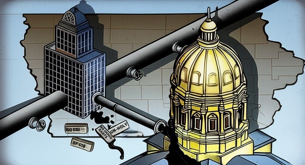 Illustration depicting a church connected by large pipes to the Iowa State Capitol building outlined against the state of Iowa map. Dark liquid flows from the church pipe towards the Capitol. Smaller pipes have labels like 'NO DEI,' 'SF 418,' 'UN-HOLY RANTS,' representing the 'pulpit-to-policy pipeline' concept.