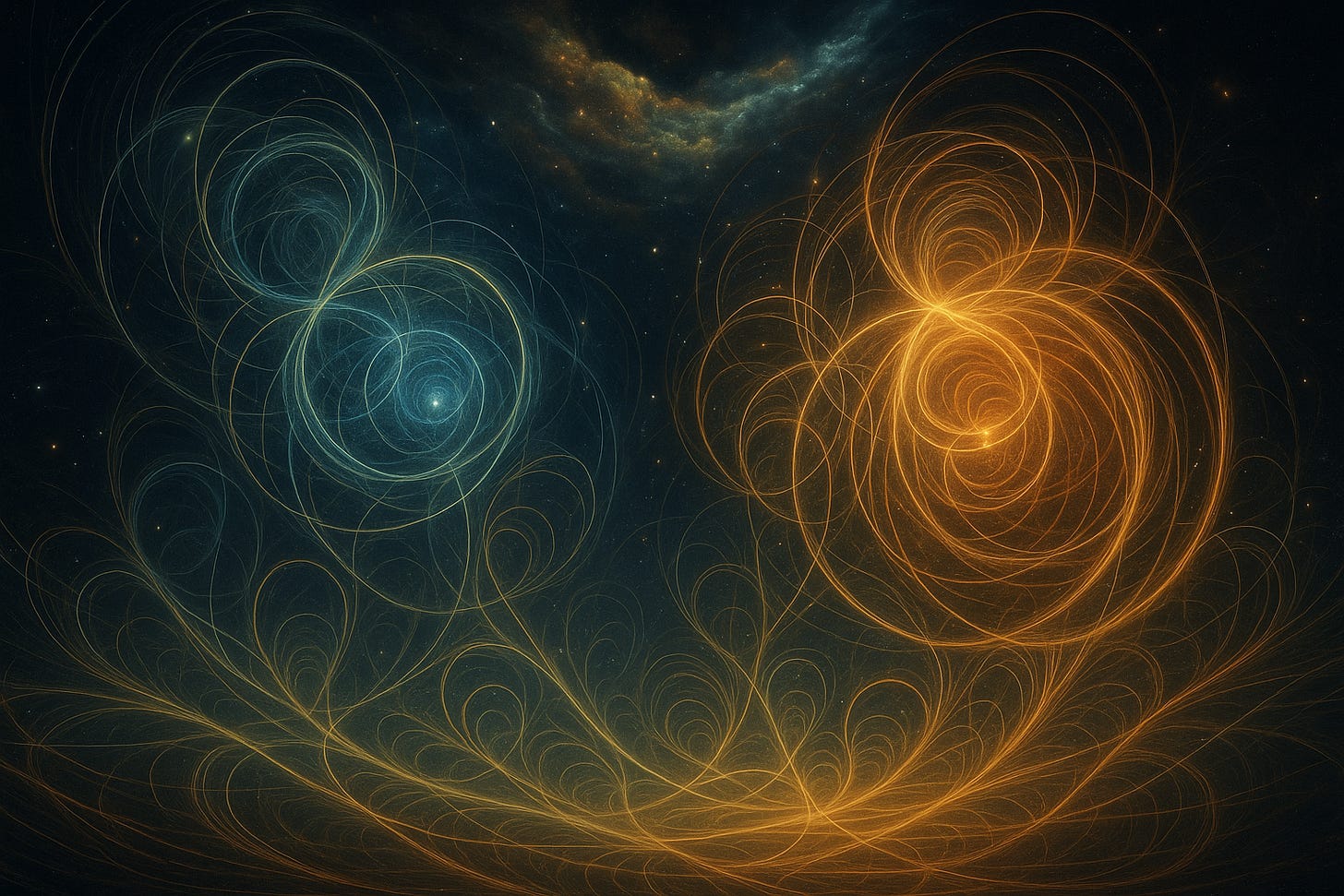Two luminous vortexes spiral in blue and gold, their looping filaments reaching toward each other across a star-filled void — a visual metaphor for dual forces weaving coherence across the self–other seam.