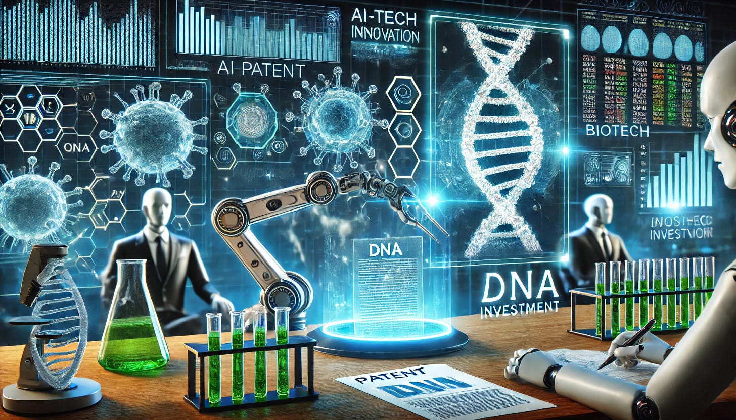 A high-tech biotech laboratory with AI-driven robotic arms analyzing DNA samples. A glowing patent document is displayed on a futuristic screen, symbolizing breakthrough innovation. In the background, investors review charts and funding reports, highlighting biotech investment opportunities. The scene is illuminated with blue and green neon lights, emphasizing cutting-edge technology and discovery.