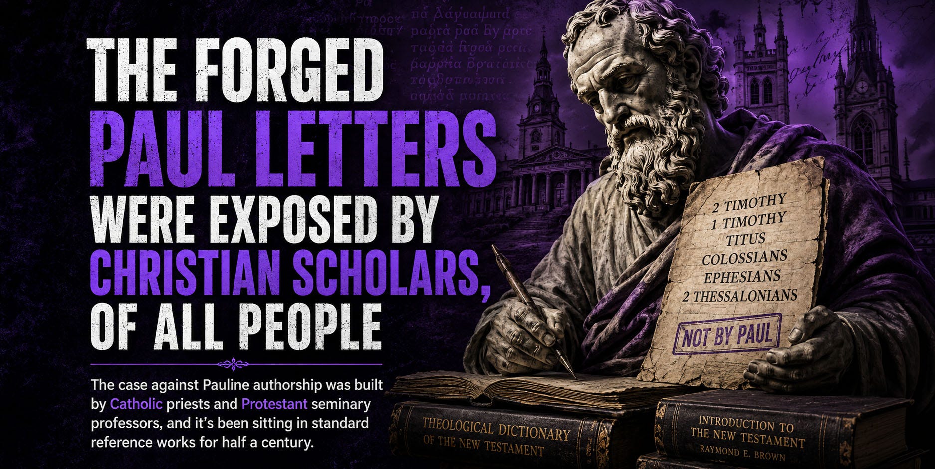 Statue holding a parchment labeled “Not by Paul” beside ancient theological books.