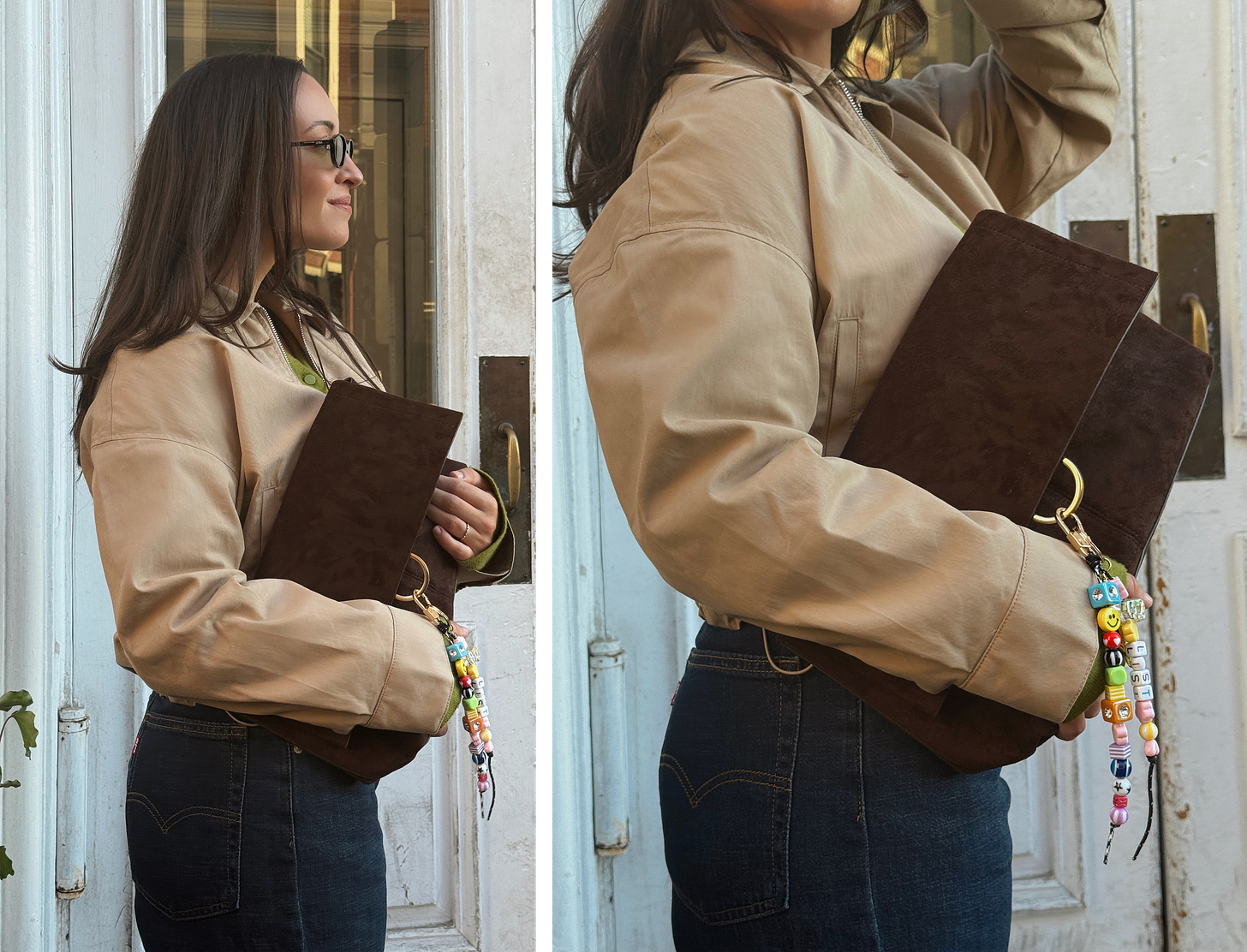 Bella holding brown clutch