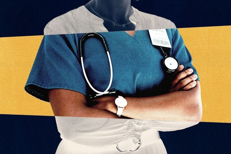 This may contain: a woman with a stethoscope on her chest standing in front of a yellow and blue striped background
