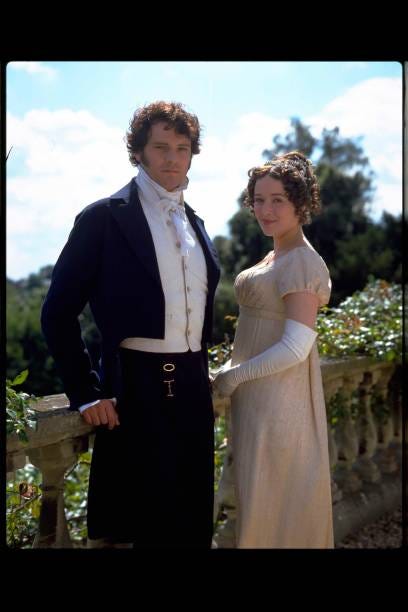 Actors Colin Firth and Jennifer Ehle in character as Mr. Darcy and Elizabeth Bennet in period drama Pride And Prejudice, circa 1995. Actors Colin Firth and Jennifer Ehle in character as Mr. Darcy and Elizabeth Bennet in period drama Pride And Prejudice, circa 1995.