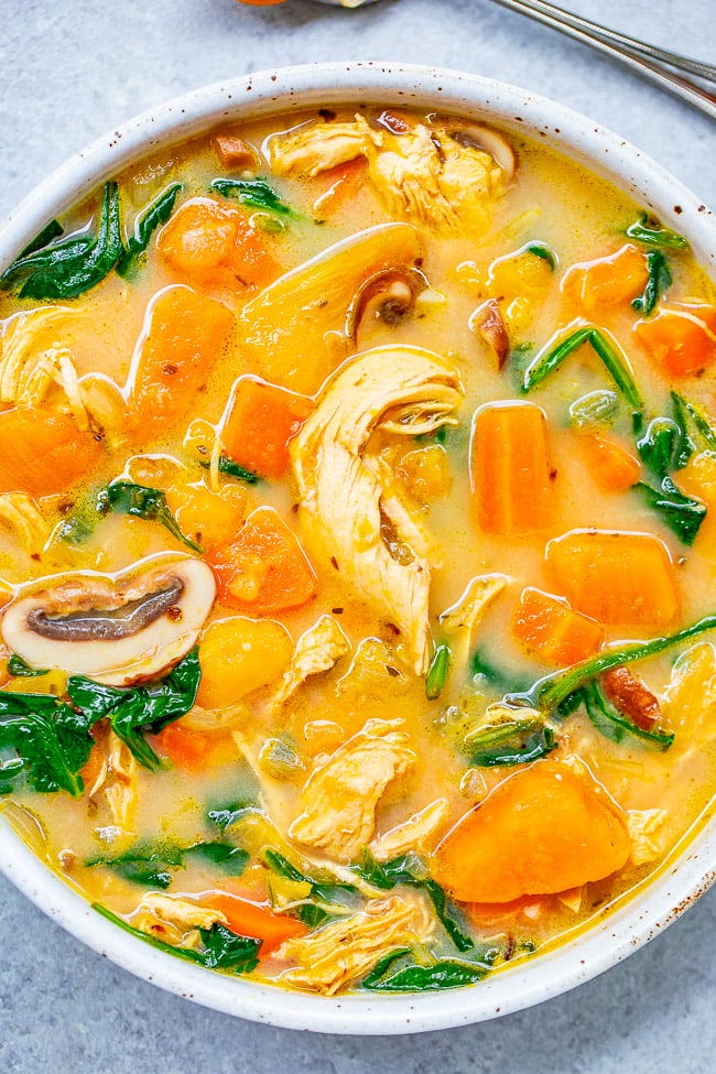 Creamy Sweet Potato Chicken Soup - An EASY comfort food chicken soup recipe with sweet potatoes and more to keep you full and satisfied for hours!! Ready in 30 minutes with a flexible ingredients list based on what you have on hand!! Creamy Sweet Potato Chicken Soup - An EASY comfort food chicken soup recipe with sweet potatoes and more to keep you full and satisfied for hours!! Ready in 30 minutes with a flexible ingredients list based on what you have on hand!!