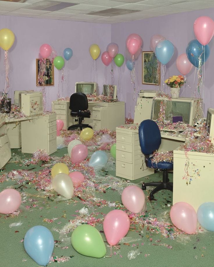 This may contain: an office filled with balloons and confetti all over the floor in front of a computer desk