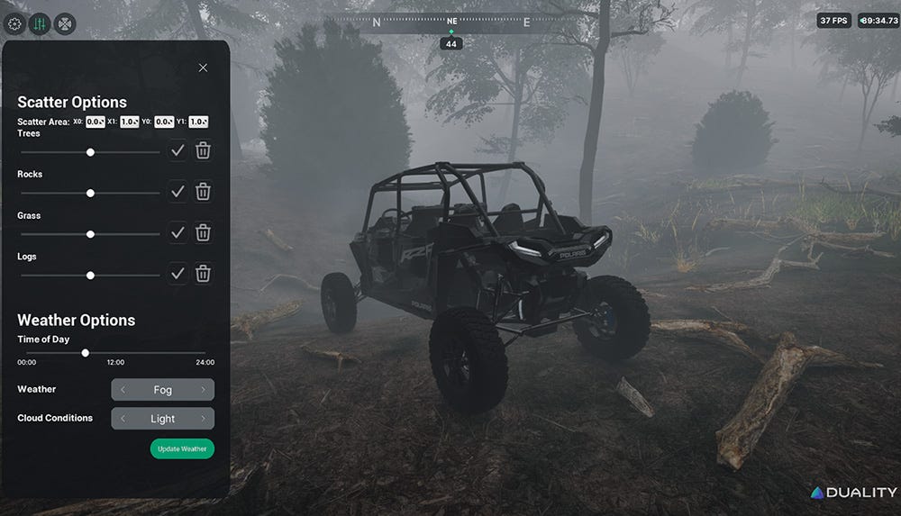 A view of the Duality Falcon interface, showing a vehicle driving through foggy woods, and a "Scatter Options" menu on the left side. 