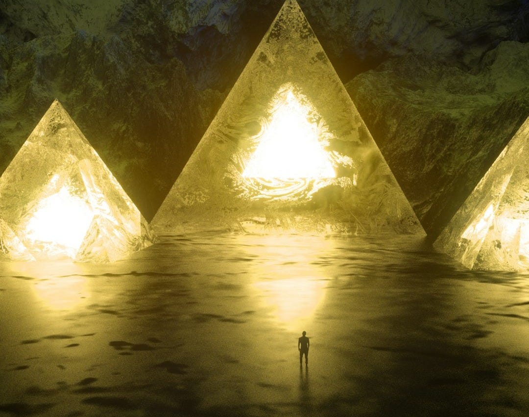 a man standing in front of a group of glowing pyramids