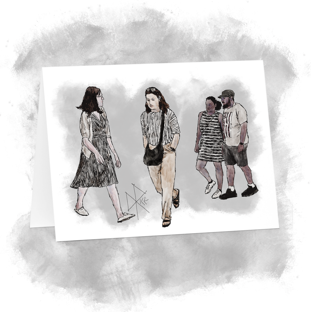 People out walking, each in some form of stripey garment. Sketch art by Don Rice.