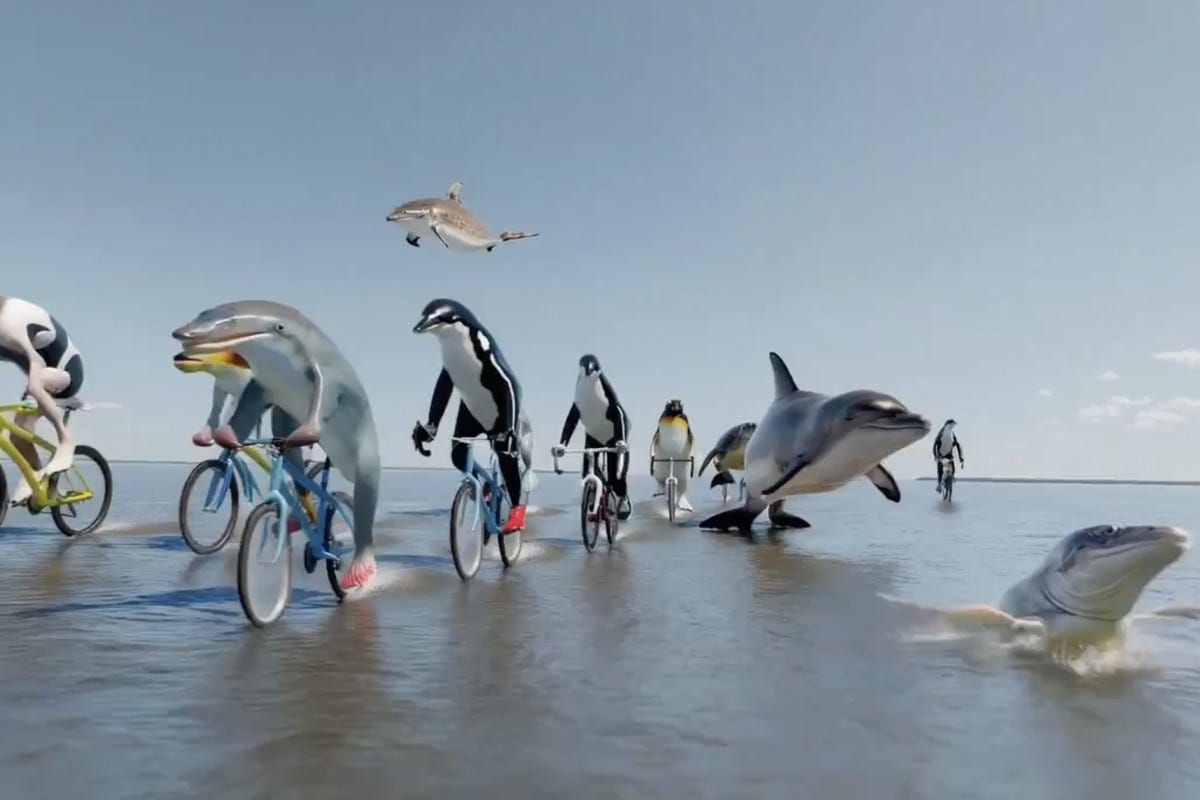 An AI-generated video from Sora, OpenAI’s new generative video model, shows sea creatures like fish and dolphins with legs, riding bicycles on top of an ocean. An AI-generated video from Sora, OpenAI’s new generative video model, shows sea creatures like fish and dolphins with legs, riding bicycles on top of an ocean.