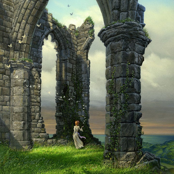 LEFT: Detail from AFTERNOON SHADOWS featuring a redheaded woman in a white dress standing in the ivy covered ruins of an abbey. She holds her hand palm up as if releasing a stream of butterflies that wind upwards in an S-shaped curve. RIGHT: Close detail from AFTERNOON SHADOWS featuring a woman in a white gown with a lavender sash tied at her waist. Her hair is red and short which contrasts the tall ruined wall of the abbey in front of her that is now overgrown with ivy. Through breaks in the wall we can see the calm sea but the sky over the horizon is gray with hints of orange. Above a thick cloud layer the sky is blue and bright, providing a different outlook depending on where you look. Her head is turned to the side level with the horizon as sunlight casts long shadows past her in the abbey.