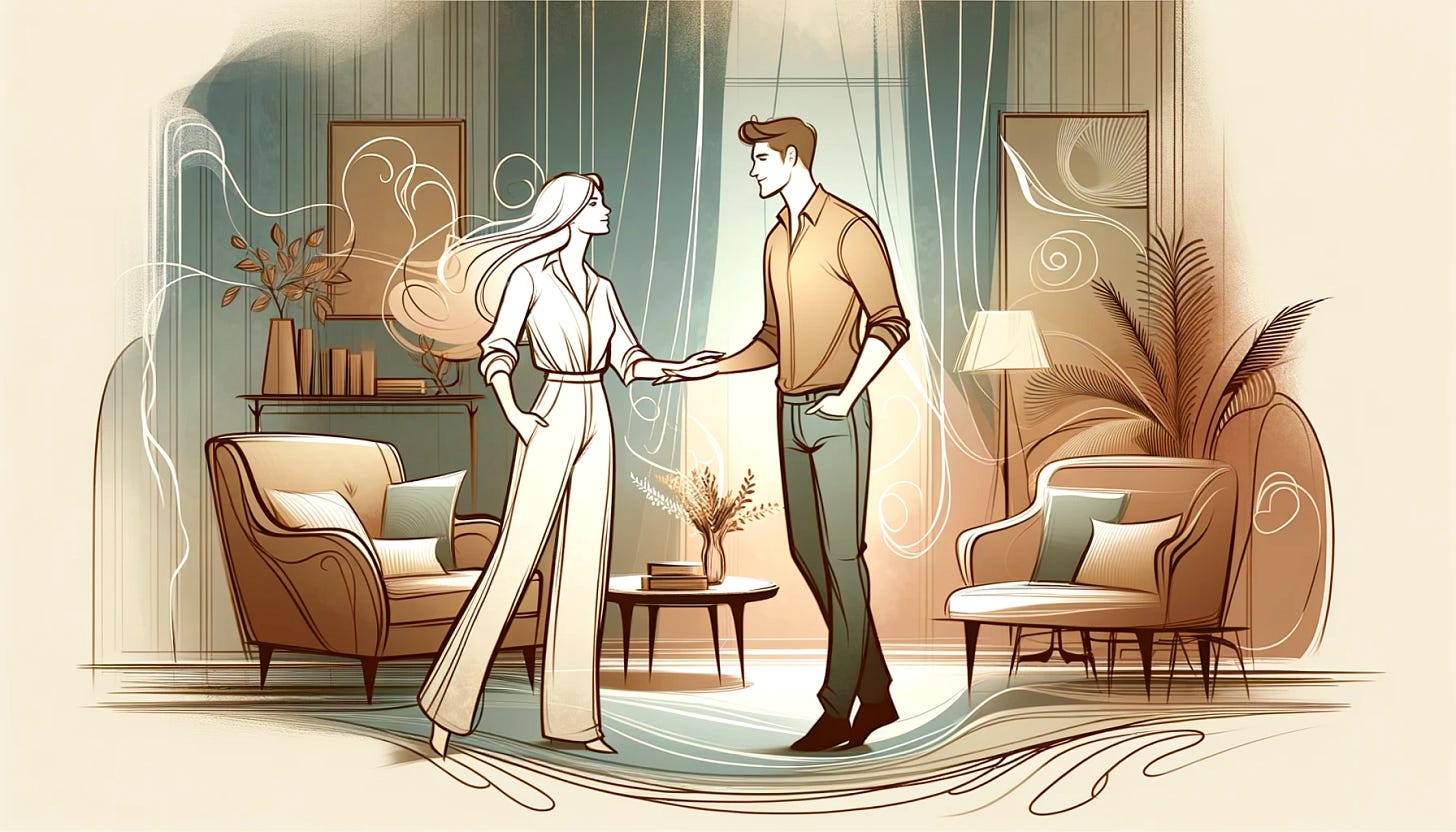 Landscape illustration of a man and a woman in a softly lit living room, both standing and smiling at each other with a gentle and caring demeanor. They are offering each other supportive gestures like a soft touch on the arm and open, welcoming body language. The art style is flowy and expressive, with dynamic lines and a warm, muted color scheme that suggests a serene atmosphere. Surrounding them are tasteful home decorations, comfortable furniture, and potted plants, all drawn with an emphasis on fluidity and grace.