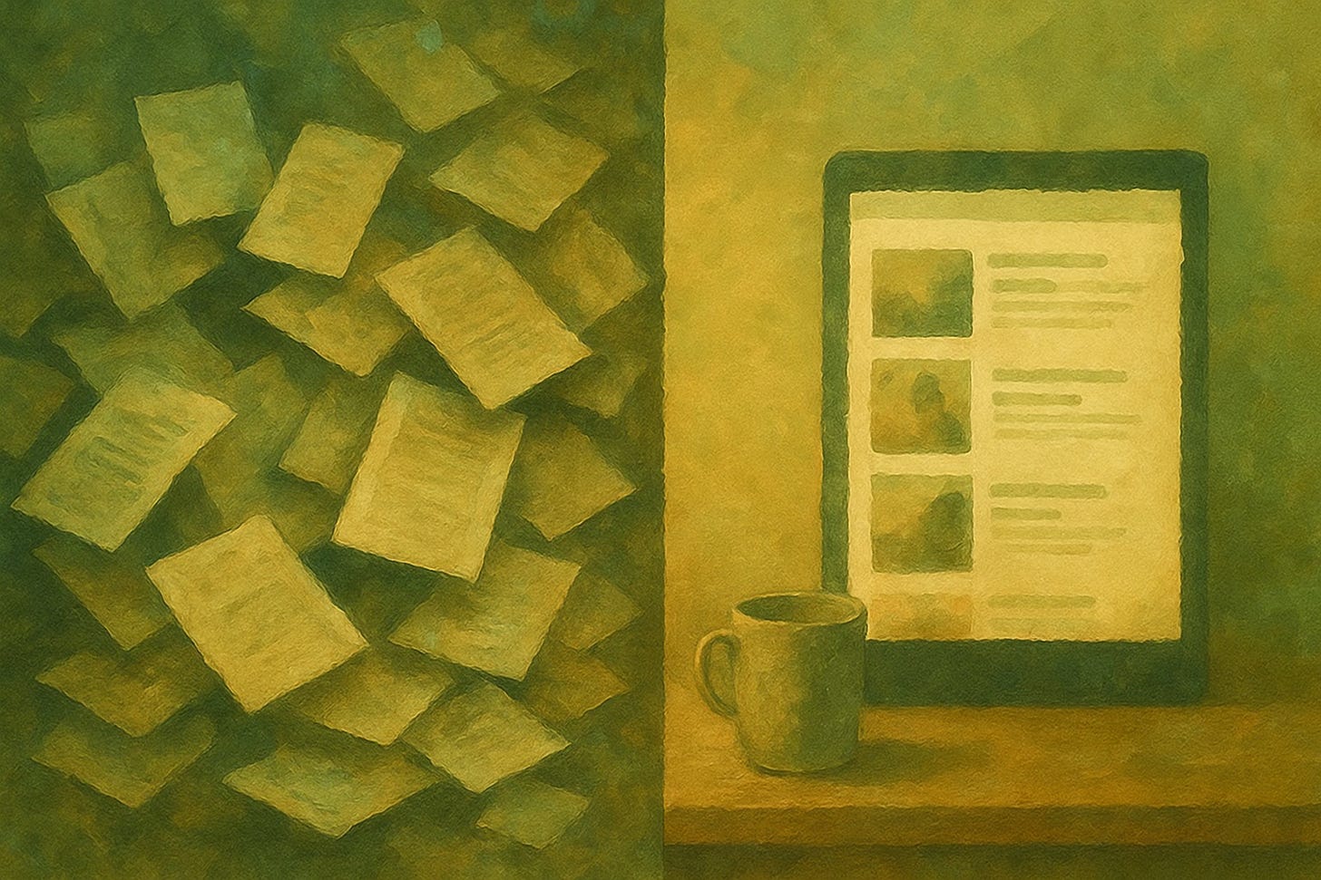 An abstract painting split into two halves: one side cluttered and chaotic with overlapping papers and icons, the other calm and open with clean green and cream tones.