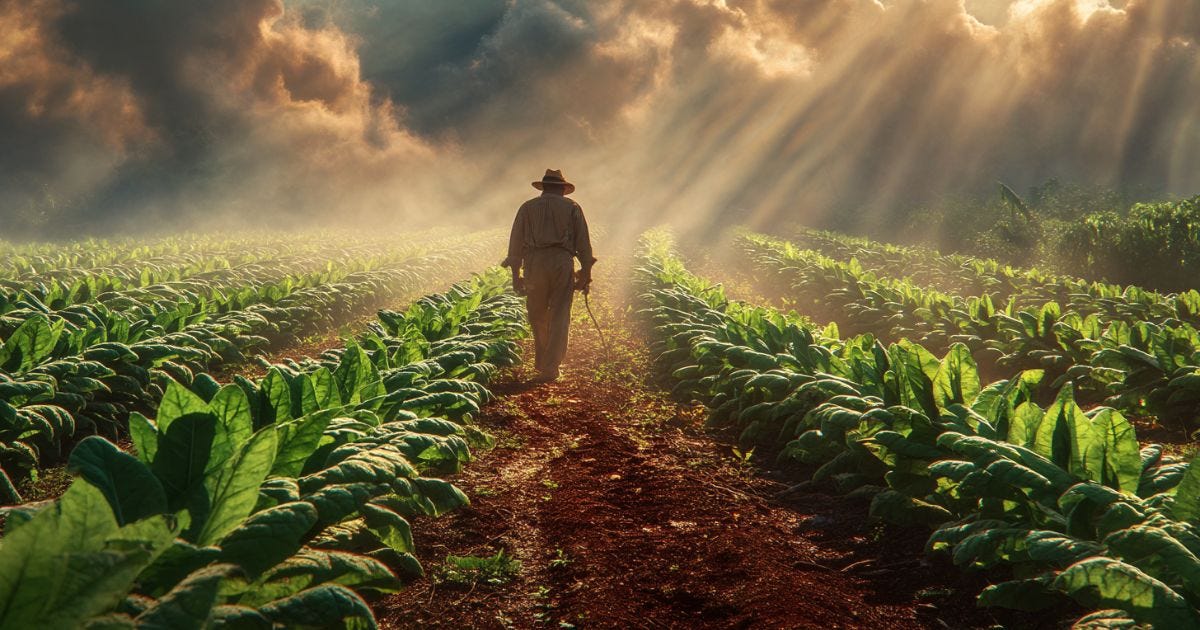 1930s Cuban tobacco farmer tending the first Corojo plants in Vuelta Abajo’s red clay fields under soft morning light.