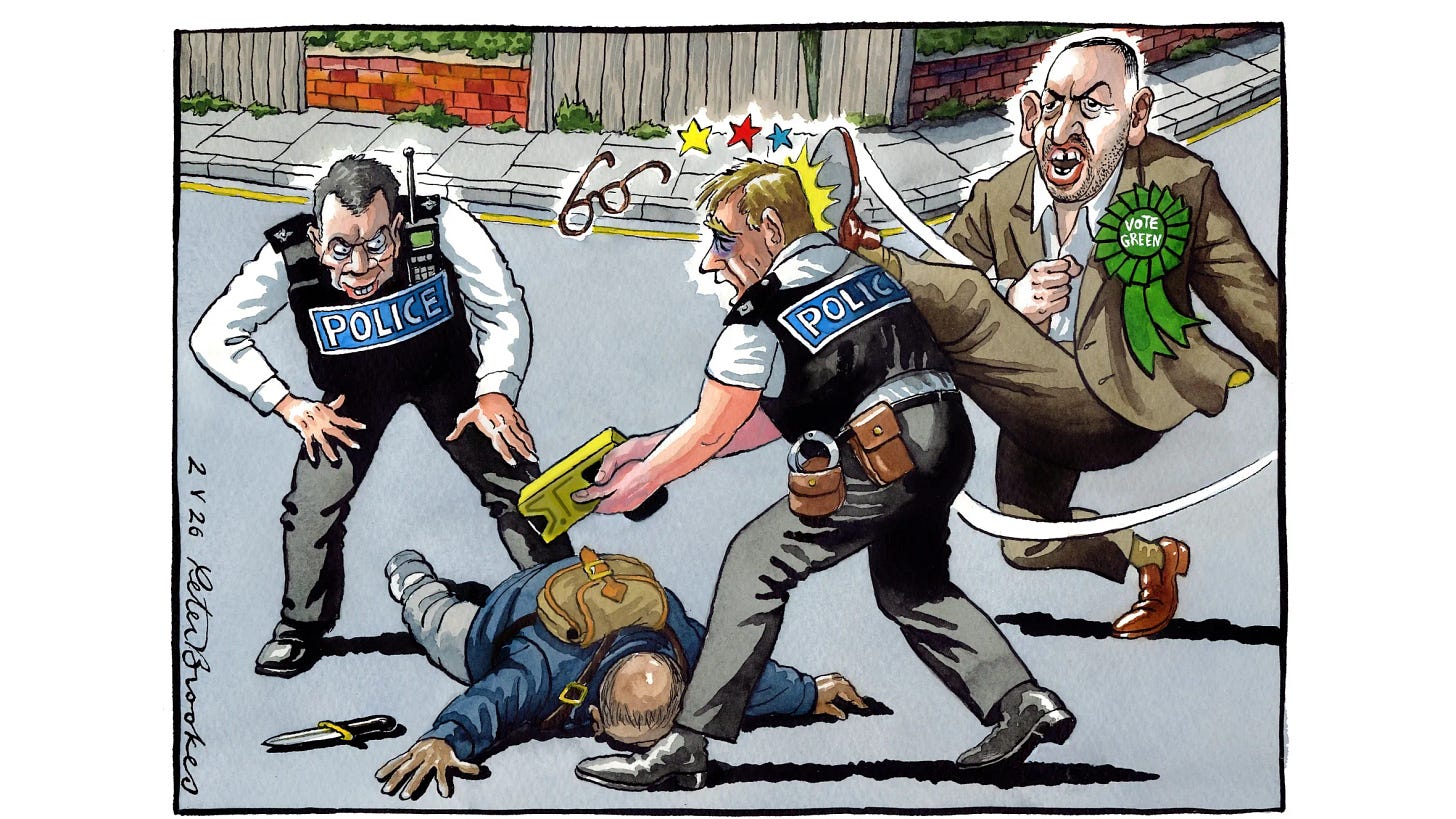 Illustration of a man in a "Vote Green" rosette kicking a police officer while another officer uses a Taser on a man on the ground.