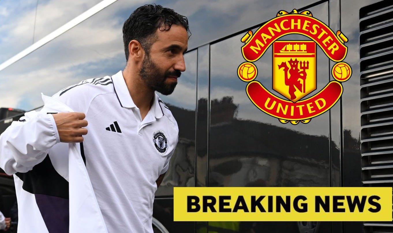 Ruben Amorim of Manchester United, plus yellow 'breaking news' banner Ruben Amorim of Manchester United, plus yellow 'breaking news' banner