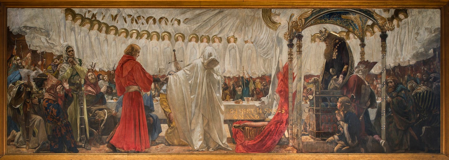 Image of a medieval knight approaching a king in a grand hall