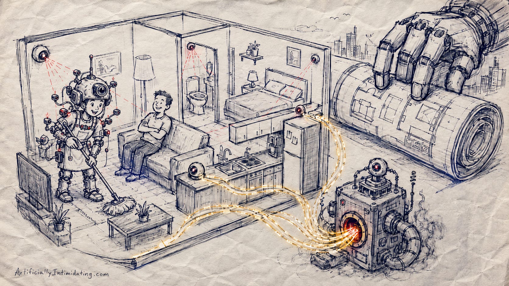 AI-generated editorial illustration in a loose hand-drawn sketch style on crumpled paper. A cheerful maid wearing a large camera helmet and many visible sensors mops an apartment while a smiling homeowner sits nearby, unaware. Hidden cameras scan the living room, bedroom, bathroom, and kitchen with red beams. Yellow data streams flow from the home into a hungry robot-training machine, while a giant robotic hand outside rolls up the apartment floor plan like a blueprint.