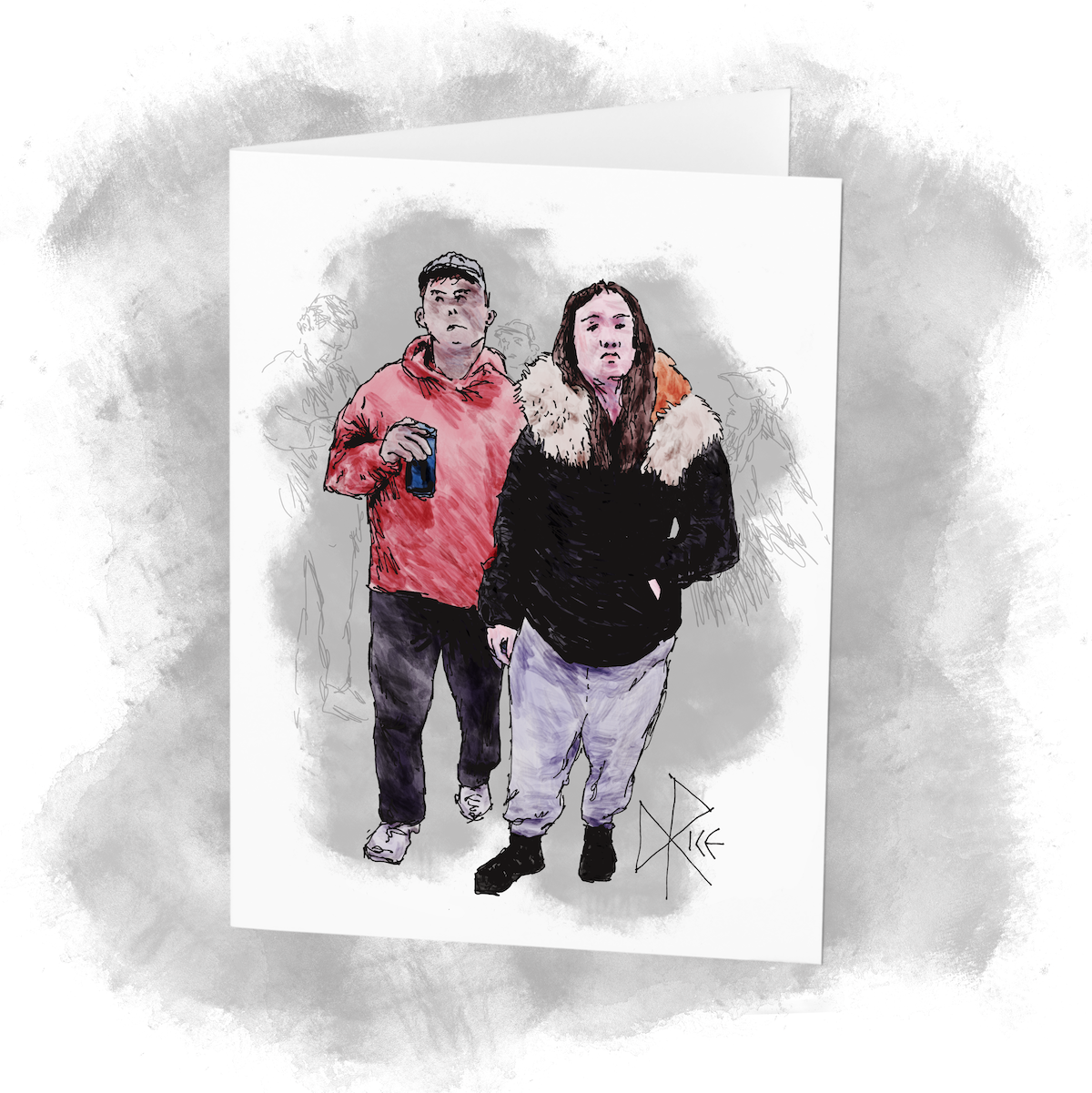 A young couple at a party, seemingly skeptical that a good time might be at hand. The man holds a beer can and looks sidelong into the distance while the woman is, so far, unwilling to remove her outdoor winter coat. Sketch art by Don Rice. A young couple at a party, seemingly skeptical that a good time might be at hand. The man holds a beer can and looks sidelong into the distance while the woman is, so far, unwilling to remove her outdoor winter coat. Sketch art by Don Rice.