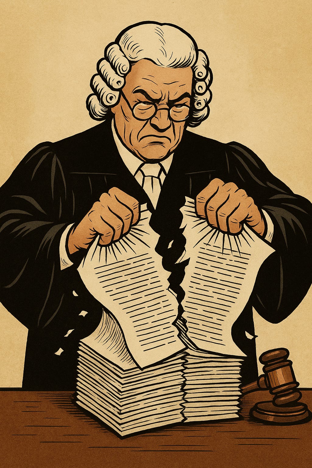 Ilustração de um juiz de toga rasgando ao meio um grosso maço de papéis sobre a mesa, simbolizando o indeferimento de uma petição inicial excessivamente longa e a valorização da concisão no processo.