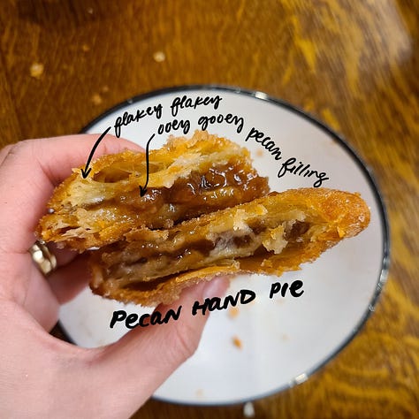 Honeymoon Chicken apple hand pie, pecan hand pie