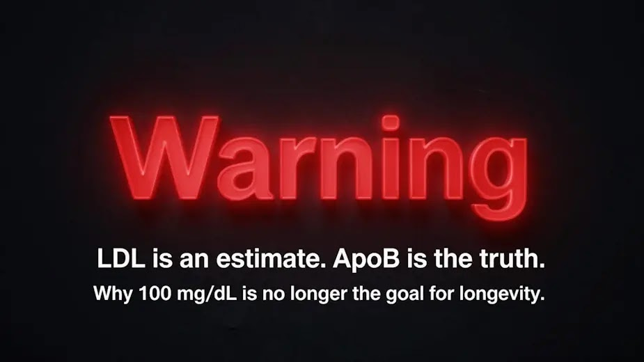 An imagewith a dark background and a bright red "Warning" label: Text (Georgia): "LDL is an estimate. ApoB is the truth." Subtext (Arial): "Why 100 mg/dL is no longer the goal for longevity.