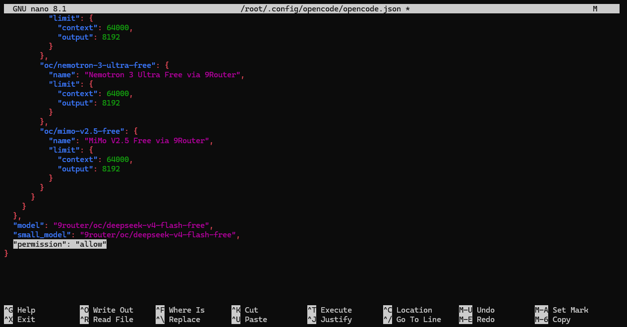 OpenCode config showing a permissive permission setting. OpenCode config showing a permissive permission setting.
