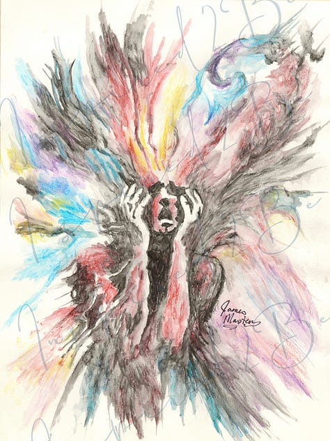 Upper Right: A person painting a spiritual looking mirror image, upper middle, a person curled up and looking sad, upper left: a person tangled up in a ball of string, lower right a person screaming with colors exploding from them, bottom middle: a person facing the sun with arms outstretched, bottom left: a person spinning around with a long dress on and the dress is flying in the wind.