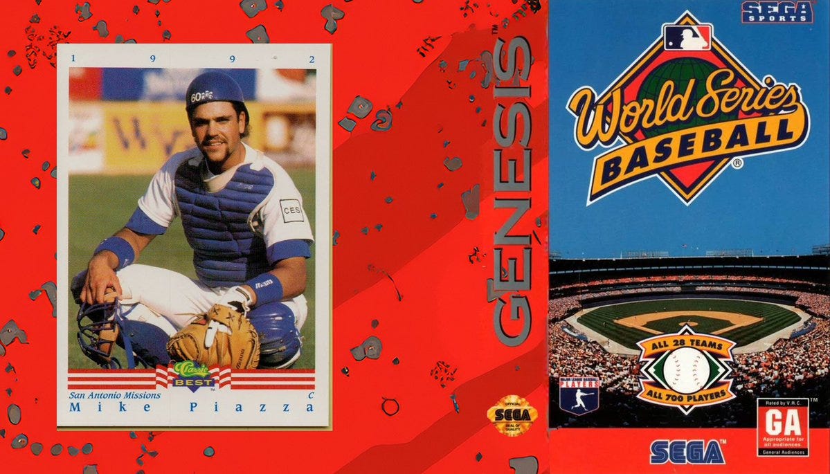 Mike Piazza's minor league Rookie Card, and the cover of Sega Genesis' World Series Baseball.