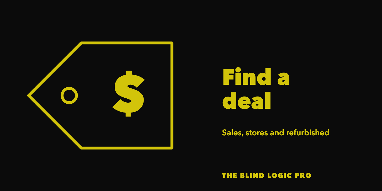 A price tag with a dollar sign, with the text Find a deal, Sales, stores and refurbished. A price tag with a dollar sign, with the text Find a deal, Sales, stores and refurbished.