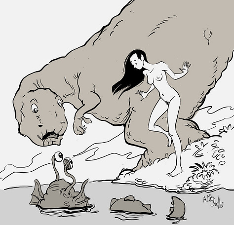 Selection of illustrations by Alfie featuring expressive drawings of nude women in varied settings, including intimate conversations, quiet contemplative moments, and imaginative scenes with plants, animals, and fantastical creatures, rendered in a soft, fluid line style with occasional watercolor tones.