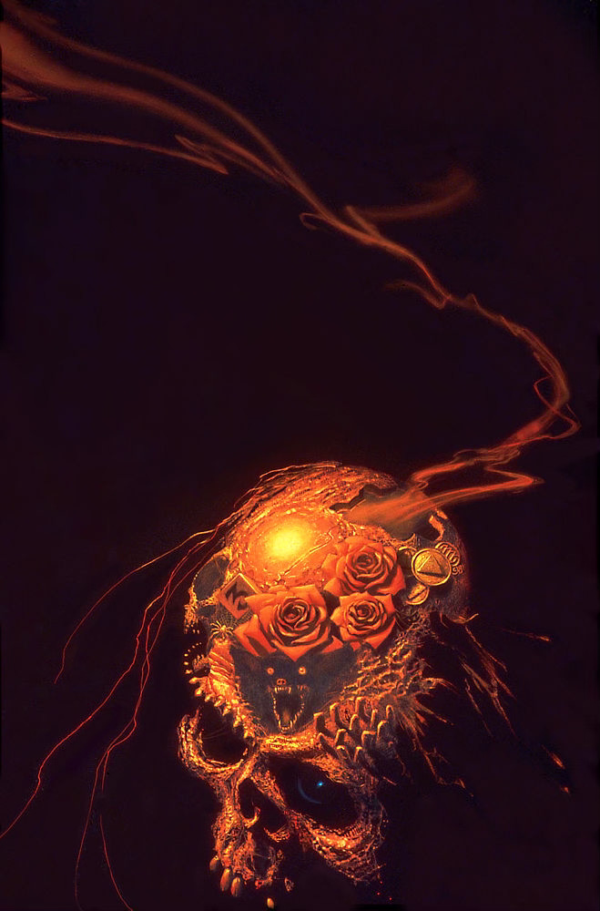 Angled view down on a horror montage set upon a red tinted, textured skull topped by a trio of rose blooms. Low in the immediate foreground one orbital reflects the glint of light on an eyeball. Nested low on the forehead a bat opens its maw wide in a scream. Set to the side is a tile with the number 3 and a creeping spider. Opposite rests a small stack of coins, the topmost decorated with a triangle. Smoke wafts out of a crack at the top back of the skull while tendrils of roots grow off the opposite side.