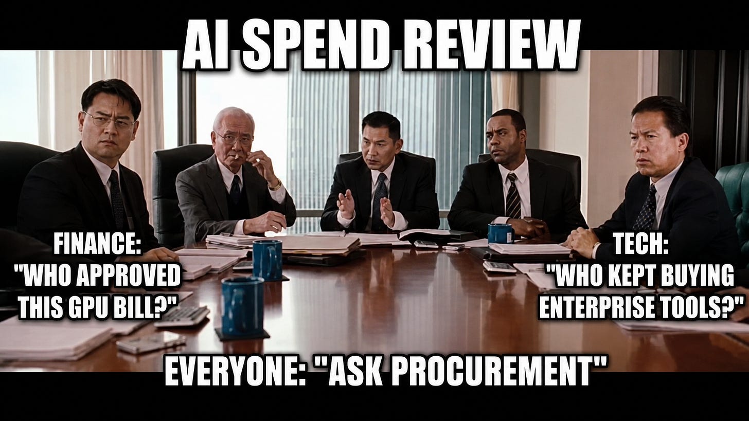 Corporate meeting meme showing Finance and Technology blaming each other for excessive spending on AI infrastructure and enterprise tools.