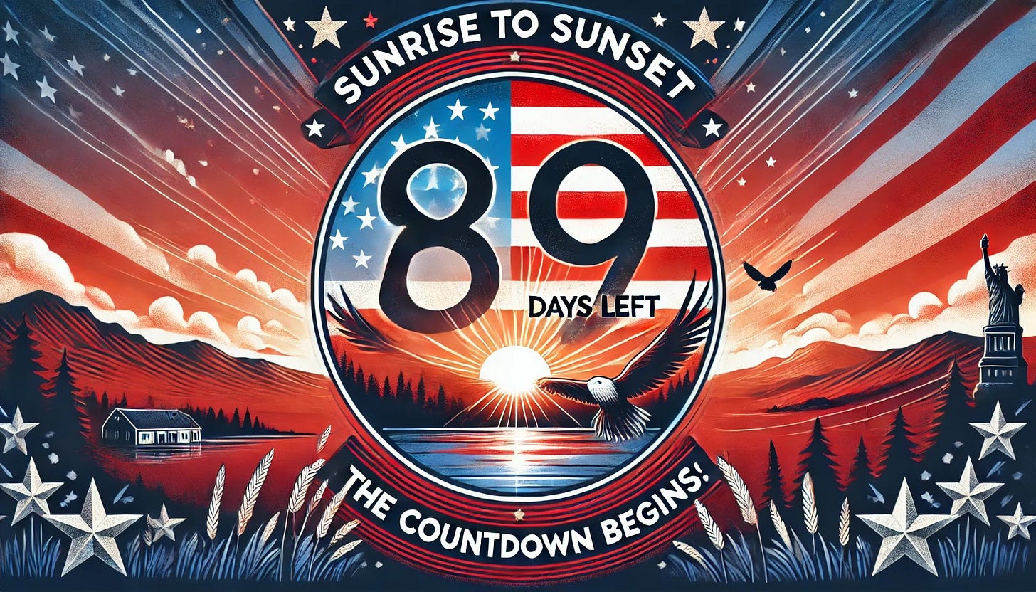 Sunrise to Sunset: 89 Days Left – The Countdown Begins, patriotic theme, sunrise, sunset, American flag, election countdown.