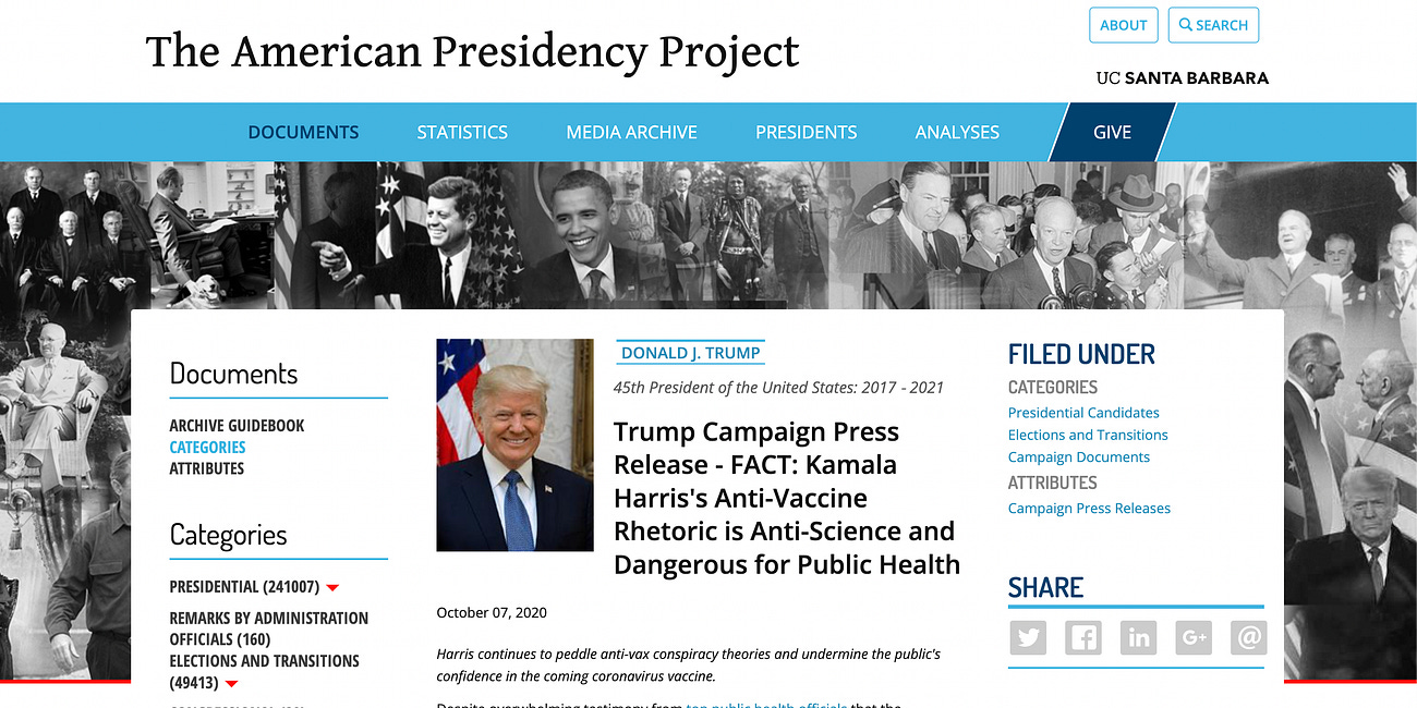 From the Wayback Machine: Trump Campaign Press Release - "FACT: Kamala Harris's Anti-Vaccine Rhetoric is Anti-Science and Dangerous for Public Health"