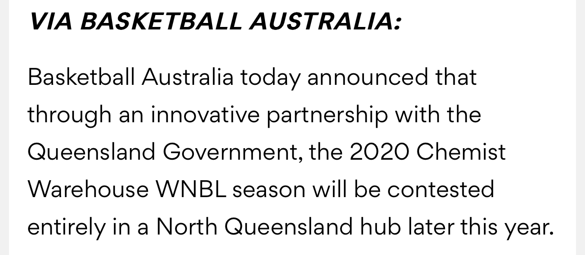 VIA BASKETBALL AUSTRALIA:  Basketball Australia today announced that through an innovative partnership with the Queensland Government, the 2020 Chemist Warehouse WNBL season will be contested entirely in a North Queensland hub later this year.