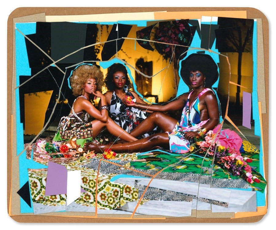collage of three black women sitting around each other on colorful backdrops by Mickalane Thomas