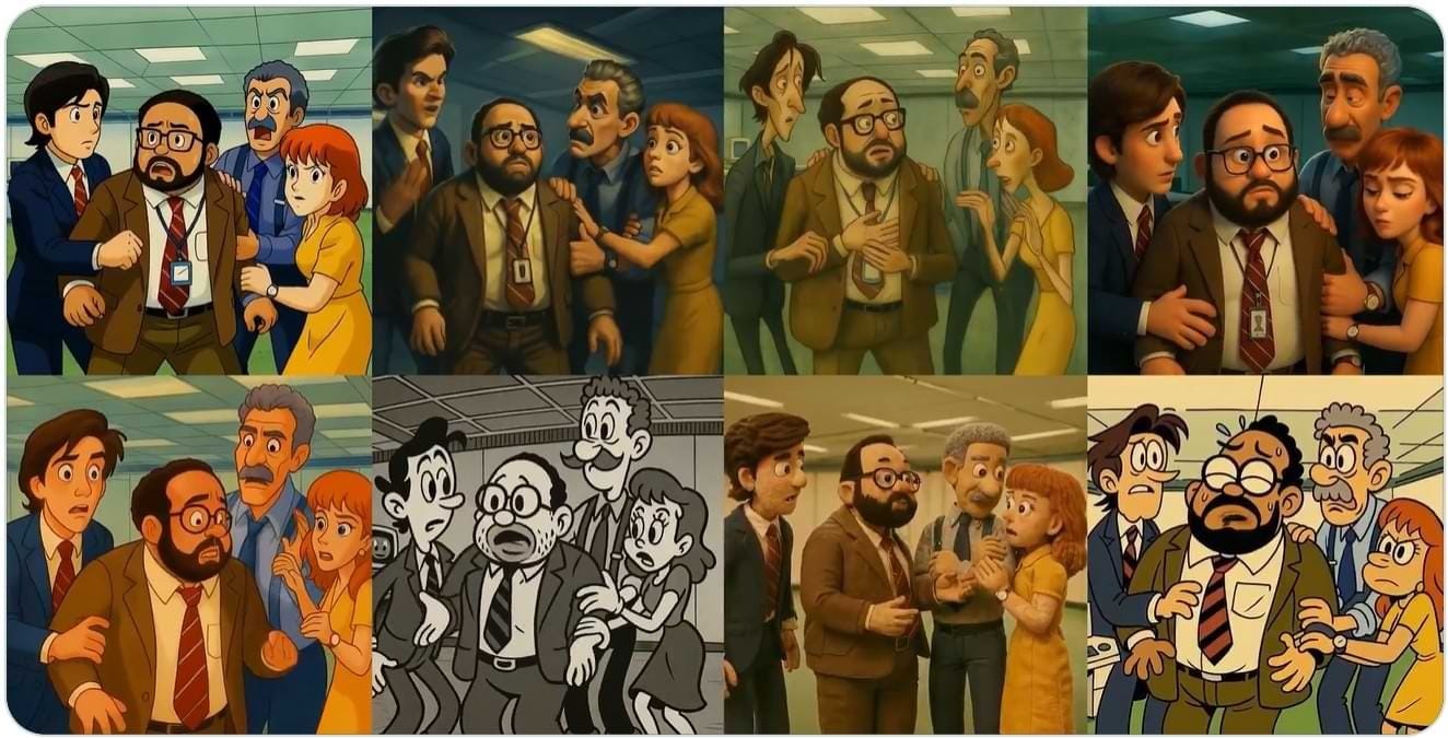 AI-generated reinterpretation of a Severance scene recreated in eight distinct animation styles using ChatGPT’s image generator and Kling. Styles include Pixar, stop-motion, 1930s black-and-white, hand-drawn cartoon, and French surrealism, all featuring the show's main characters in a dramatic office moment.