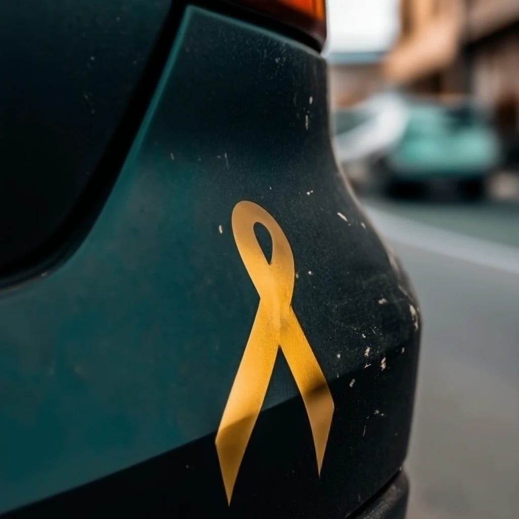 Gold cancer ribbon sticker on back of SUV