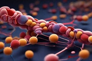 A digital illustration depicting the gut microbiome, with tryptophan molecules being broken down by bacteria into indole byproducts, some of which are shown triggering inflammation in the joints.