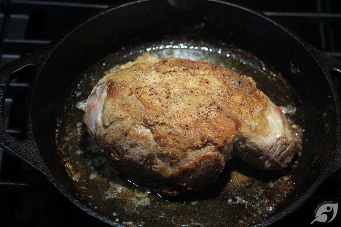 Heat a heavy dutch oven or cast iron pan on high heat on the stovetop, then add the seasoned spoon roast to the pot, fat side down, and let it sear for 3-4 minutes. Next, flip and sear on the opposite side an additional 3-4 minutes before removing the roast from the pot. Heat a heavy dutch oven or cast iron pan on high heat on the stovetop, then add the seasoned spoon roast to the pot, fat side down, and let it sear for 3-4 minutes. Next, flip and sear on the opposite side an additional 3-4 minutes before removing the roast from the pot.